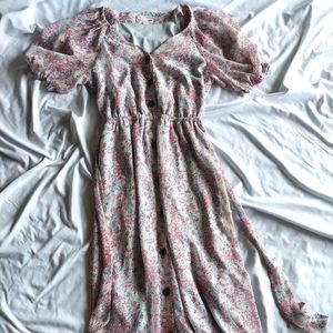 LAUREN CONRAD midi dress floral puffed sleeves buttoned pink women xsmall